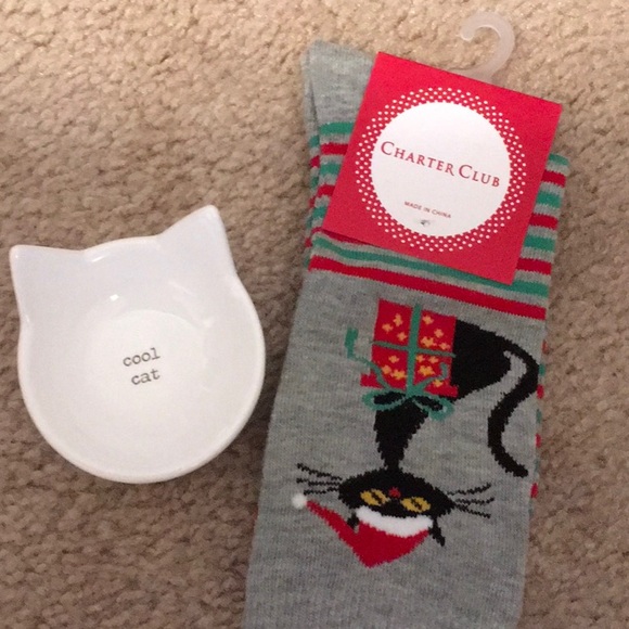 Charter Club Other - Bundled “cool cat” trinket dish and holiday socks